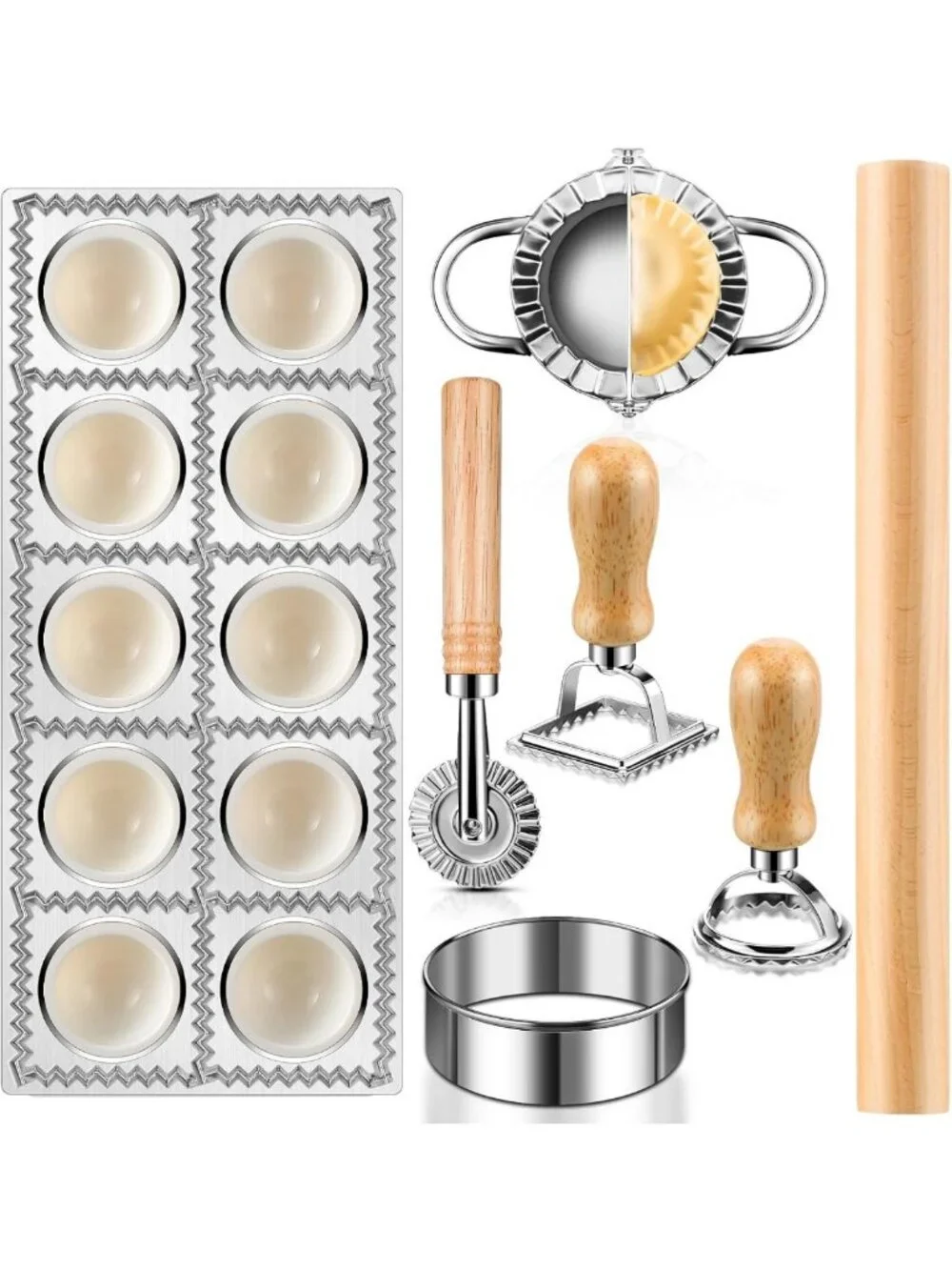 8-Piece Ravioli Maker Set with Roller Wheel & Wooden Handle - Pasta Making Kit